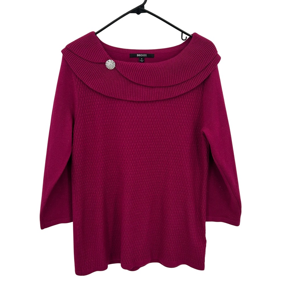 Briggs Womens Magenta Pink Shimmer Textured Knit Sweater Rhinestone Brooch M